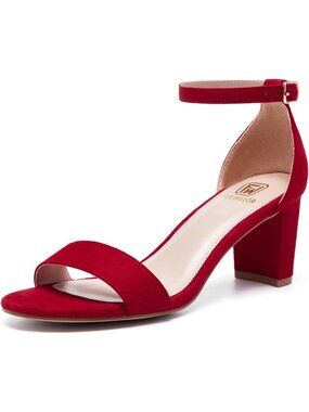 Women's Red Suede Open Toe Low Chunky Short Heel Ankle Strap Block Heel Sandals